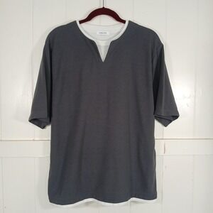 Global Work Layered T-Shirt Mens Size M Grey White Split Neck‎ GW232076AD